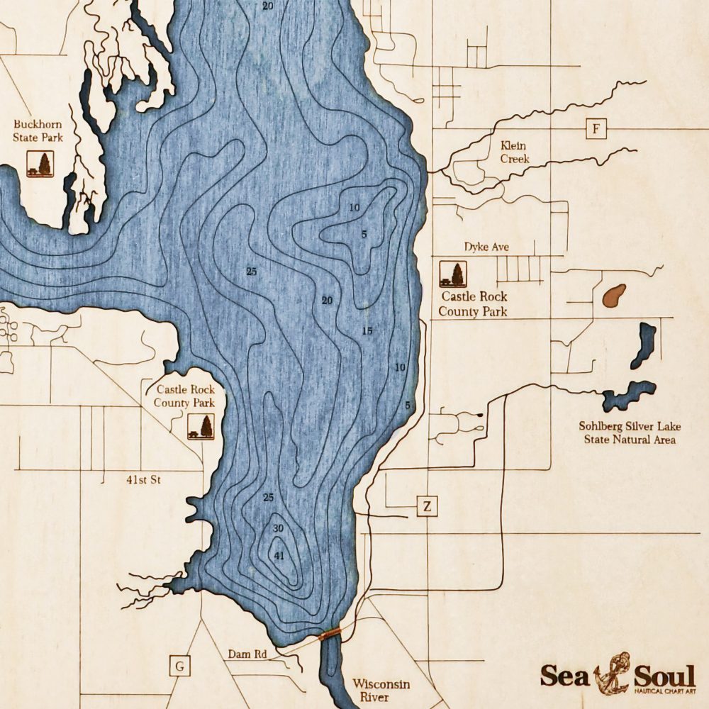 Castle Rock Lake Nautical Map Wall Art Oak Accent with Deep Blue Water Detail Shot 2