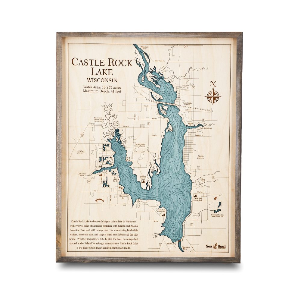 Castle Rock Lake Nautical Map Wall Art Rustic Pine Accent with Blue Green Water