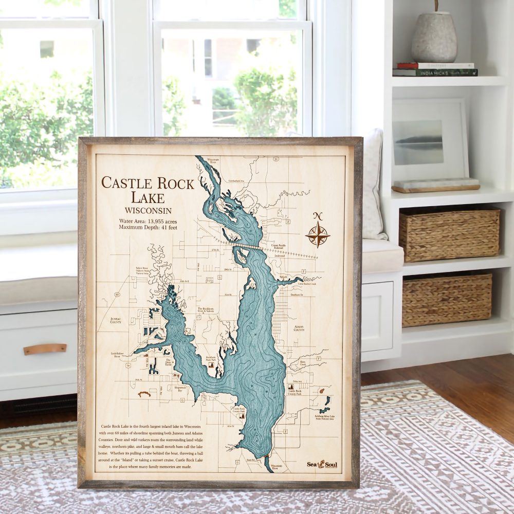 Castle Rock Lake Nautical Map Wall Art Rustic Pine Accent with Blue Green Water Sitting by Window