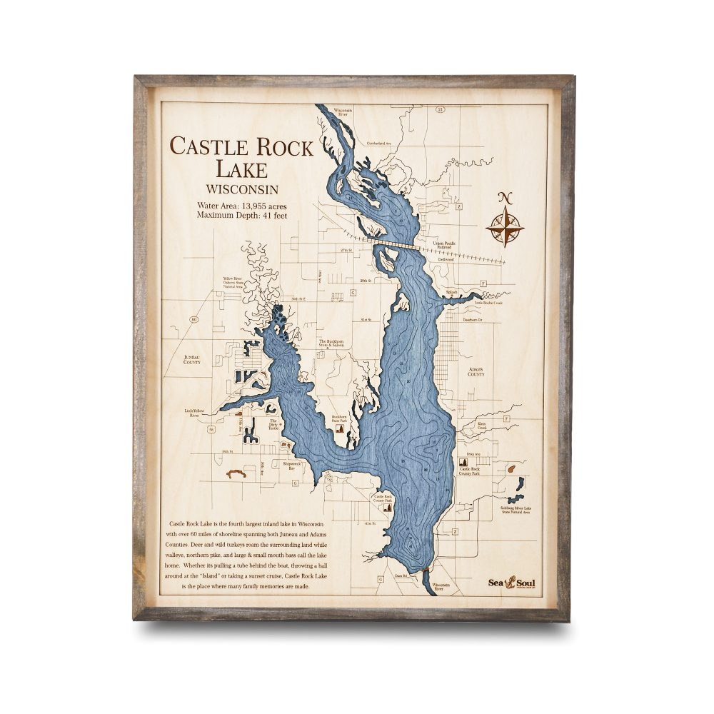 Castle Rock Lake Nautical Map Wall Art Rustic Pine Accent with Deep Blue Water
