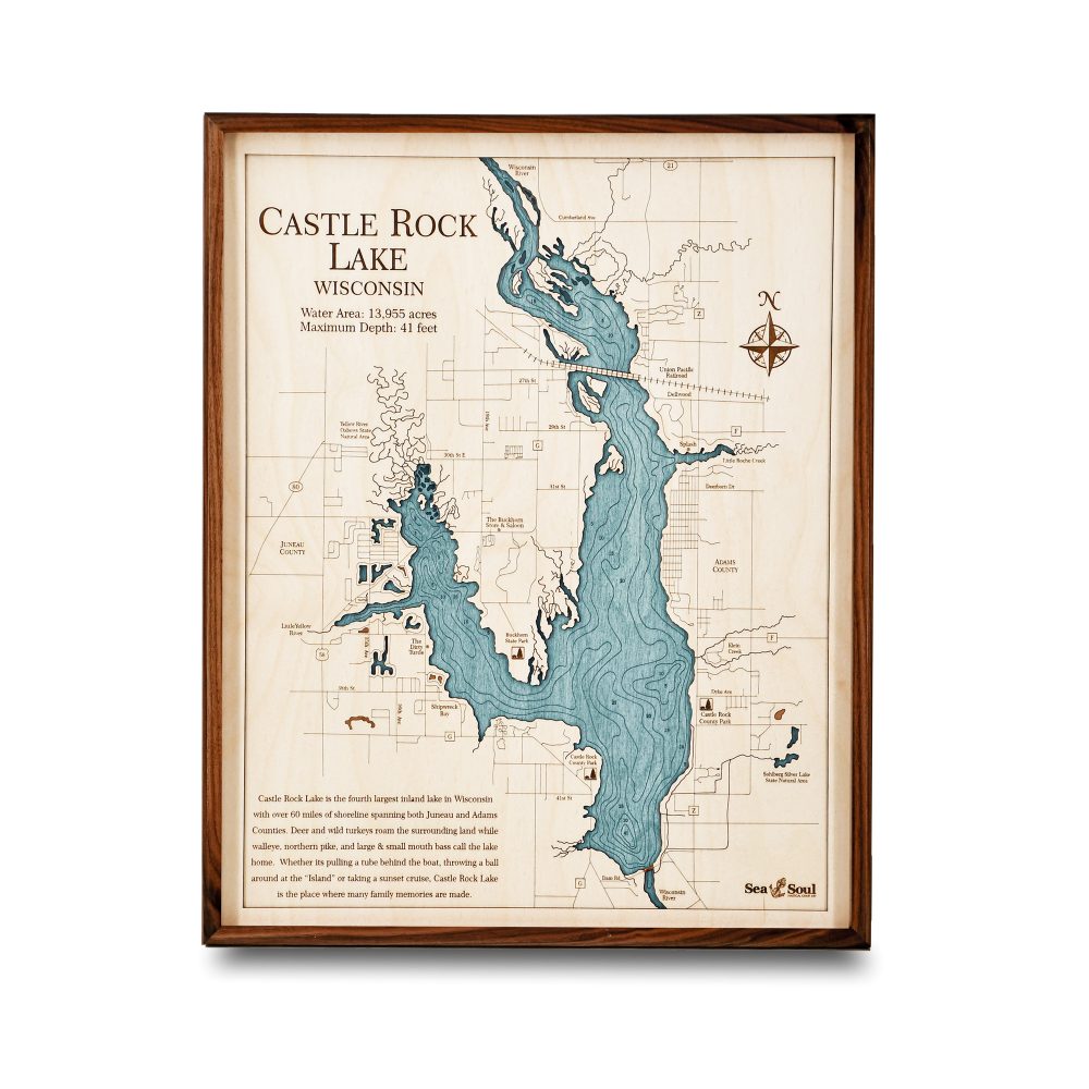 Castle Rock Lake Nautical Map Wall Art Walnut Accent with Blue Green Water