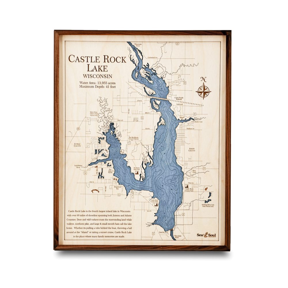 Castle Rock Lake Nautical Map Wall Art Walnut Accent with Deep Blue Water