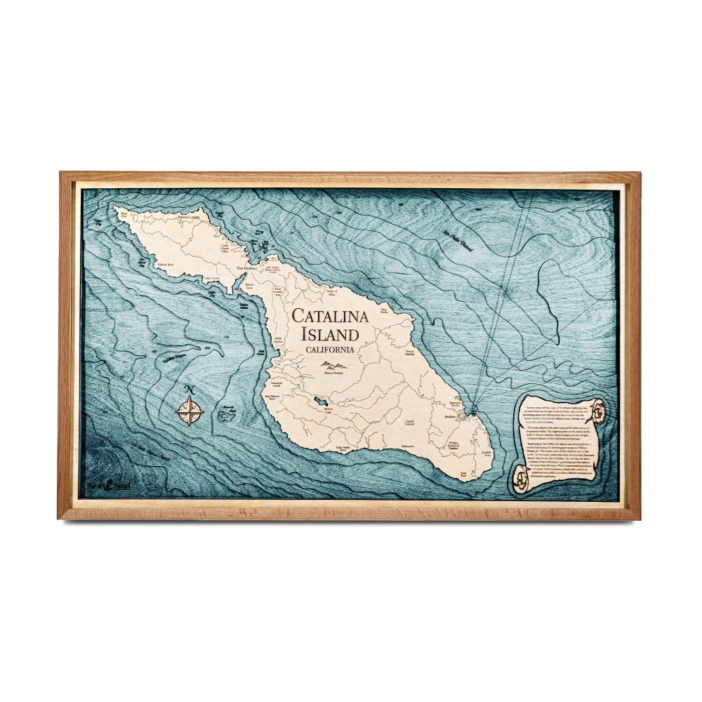 Catalina Island Nautical Map Wall Art Cherry Accent with Blue Green Water