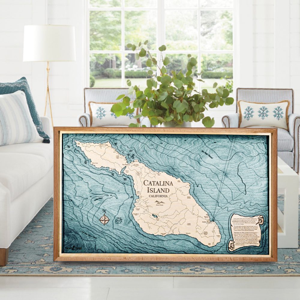 Catalina Island Nautical Map Wall Art Cherry Accent with Blue Green Water Sitting on Ground by Coffee Table