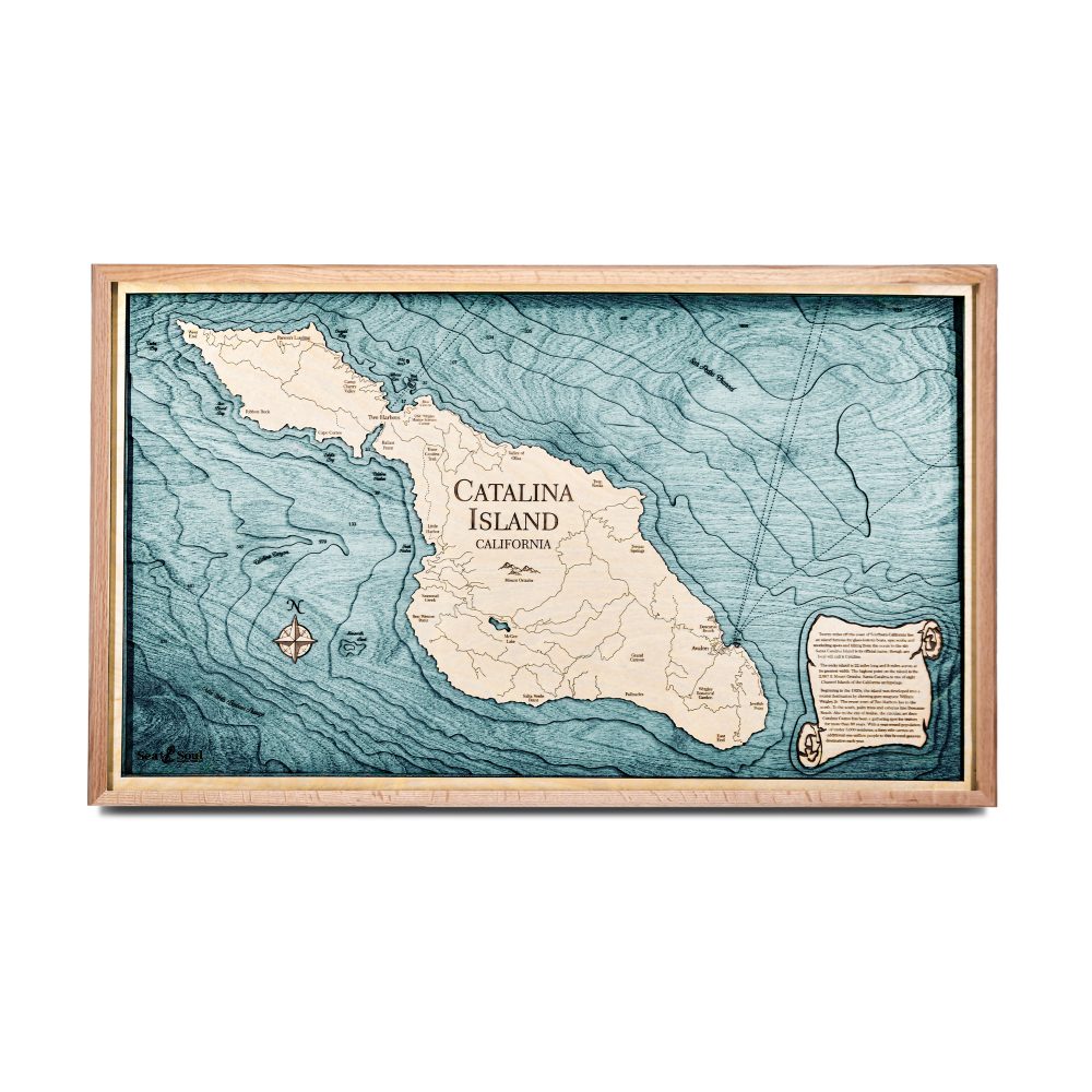 Catalina Island Nautical Map Wall Art Oak Accent with Blue Green Water
