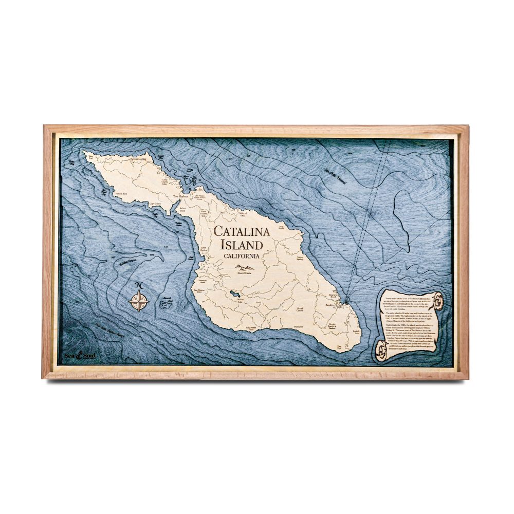 Catalina Island Nautical Map Wall Art Oak Accent with Deep Blue Water