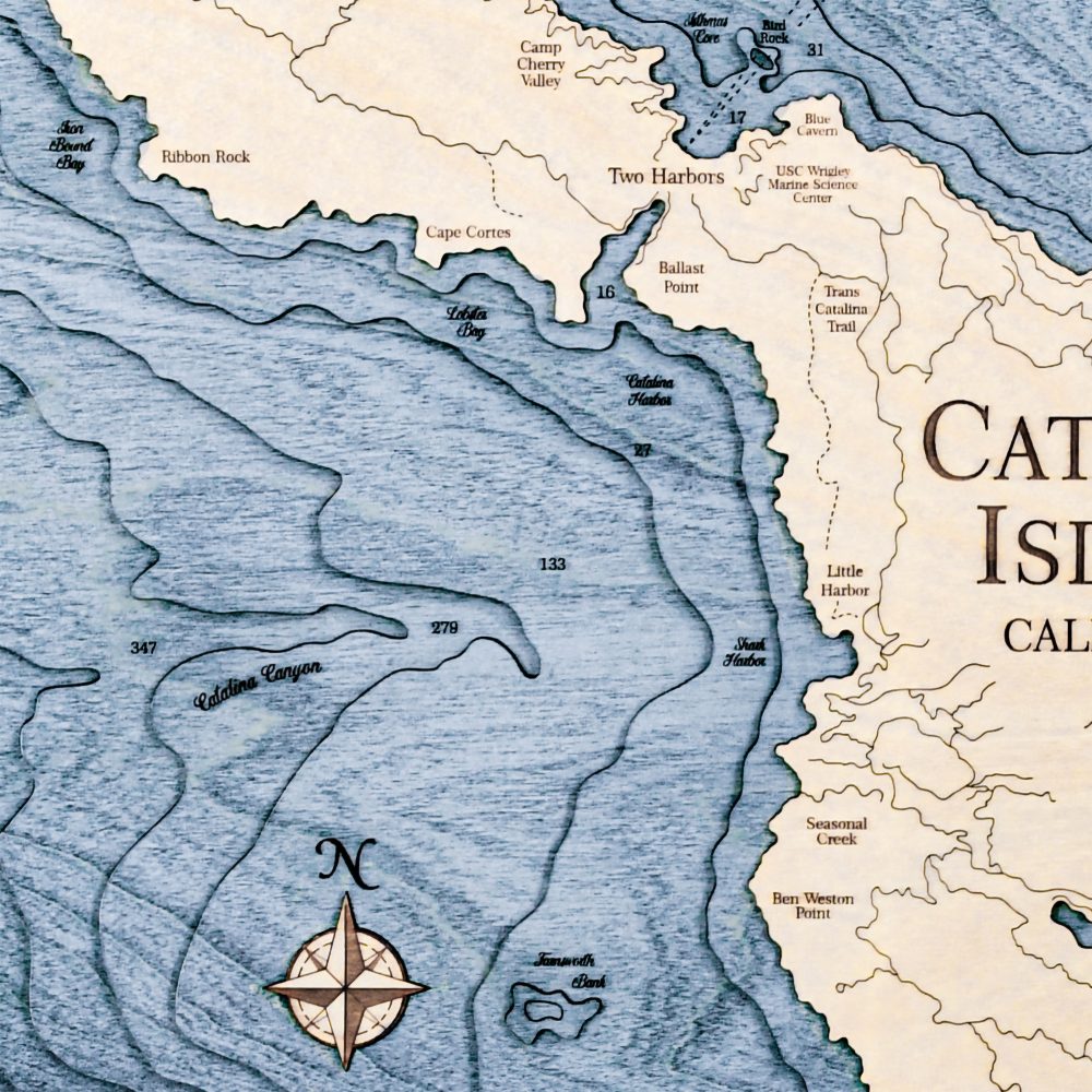 Catalina Island Nautical Map Wall Art Oak Accent with Deep Blue Water Detail Shot 2