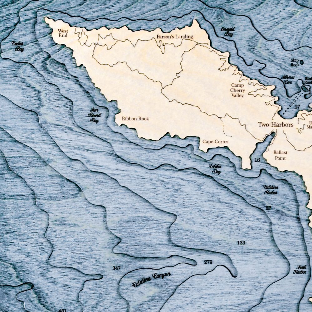 Catalina Island Nautical Map Wall Art Oak Accent with Deep Blue Water Detail Shot 3