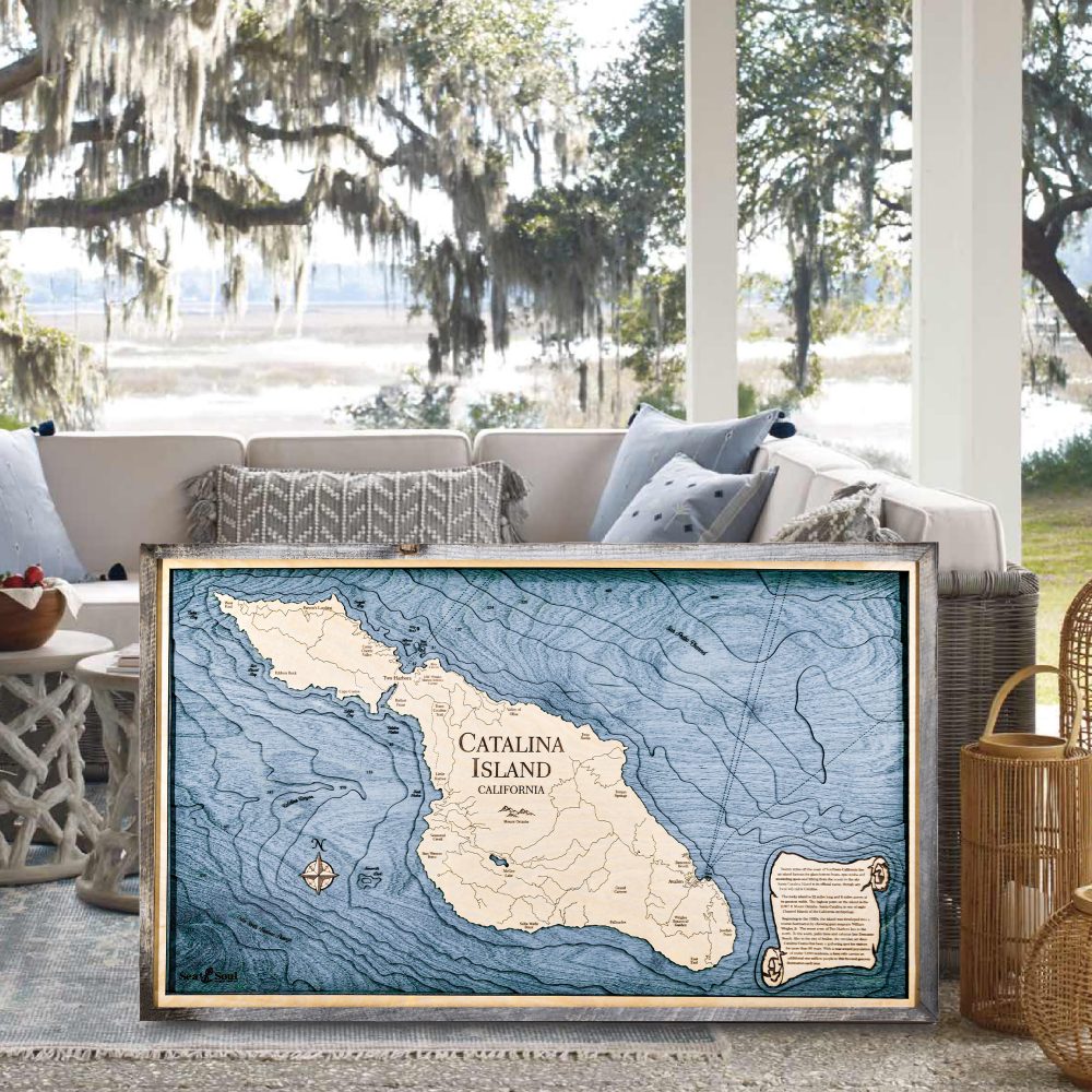 Catalina Island Nautical Map Wall Art Rustic Pine Accent with Deep Blue Water Sitting on Ground by Outdoor Couch