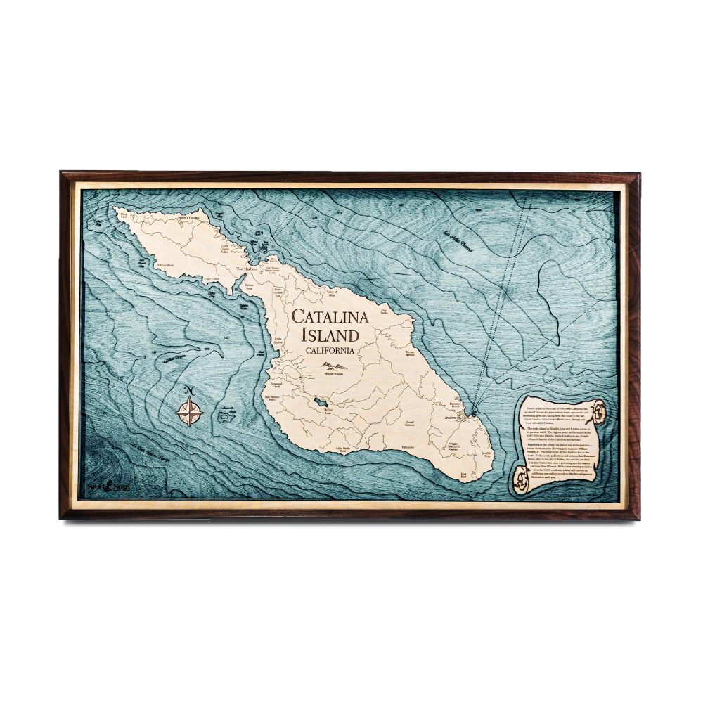 Catalina Island Nautical Map Wall Art Walnut Accent with Blue Green Water