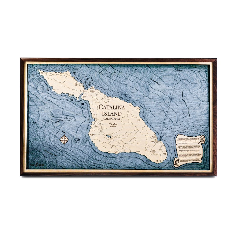 Catalina Island Nautical Map Wall Art Walnut Accent with Deep Blue Water