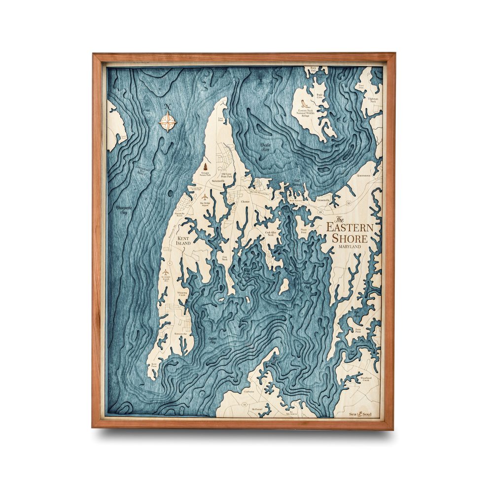 Eastern Shore Nautical Map Wall Art Cherry Accent with Blue Green Water