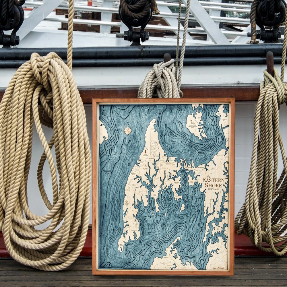 Eastern Shore Nautical Map Wall Art Cherry Accent with Blue Green Water Sitting on Dock by Boat
