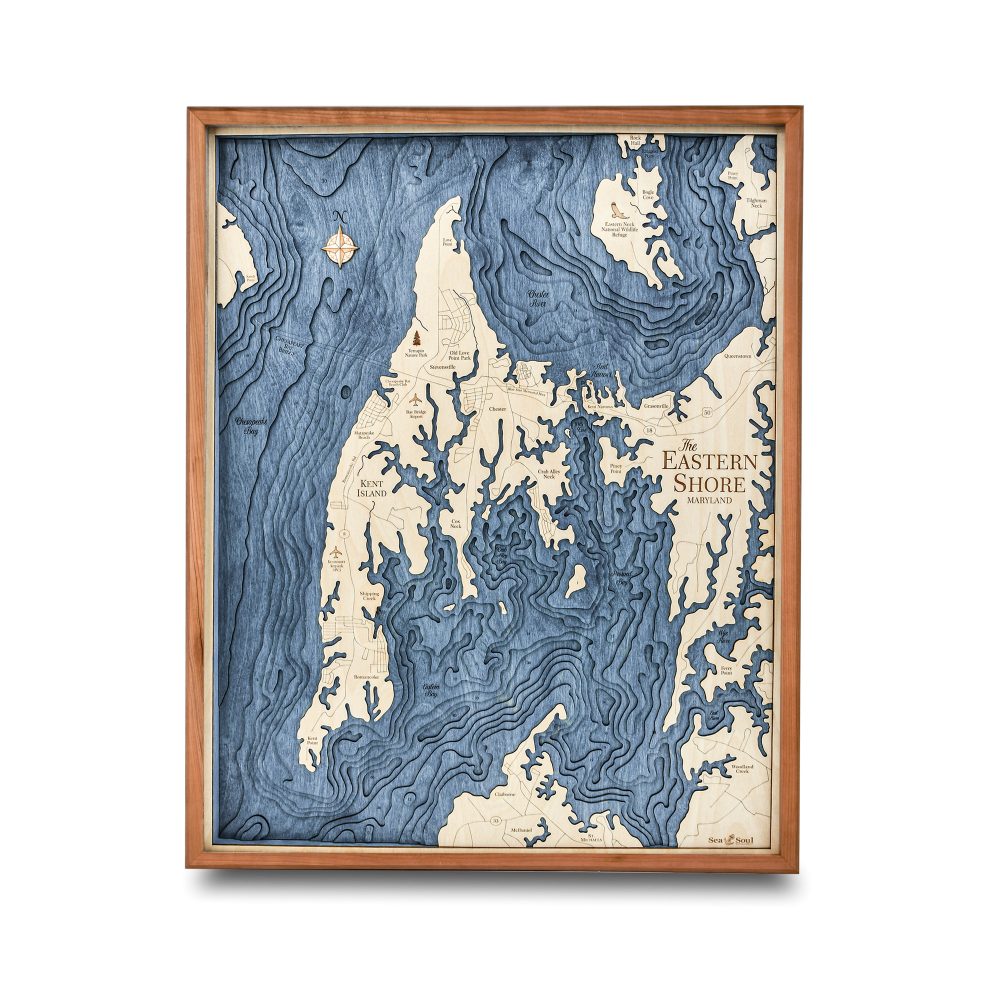Eastern Shore Nautical Map Wall Art Cherry Accent with Deep Blue Water