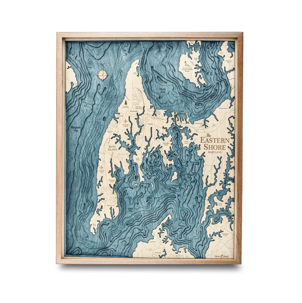 Eastern Shore Nautical Map Wall Art Oak Accent with Blue Green Water