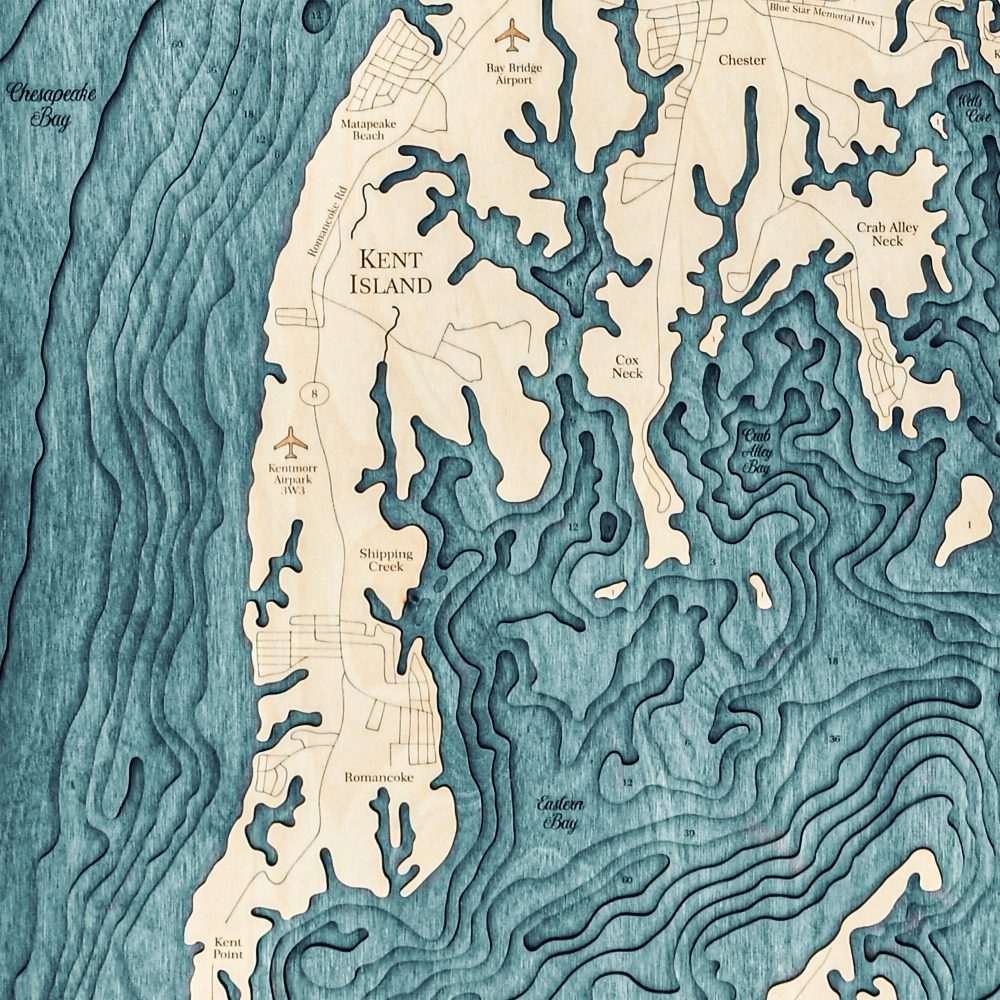 Eastern Shore Nautical Map Wall Art Oak Accent with Blue Green Water Detail Shot 2