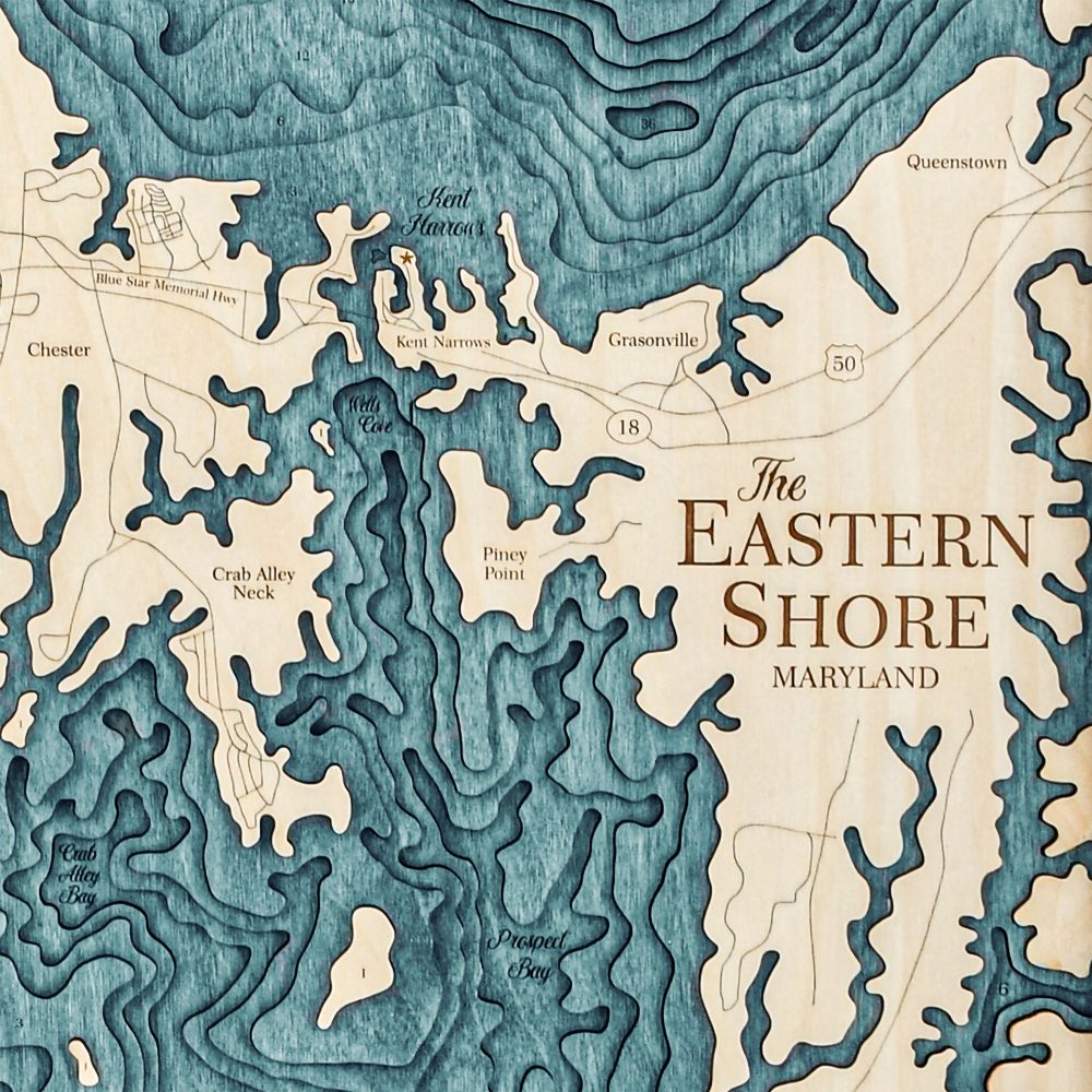 Eastern Shore Nautical Map Wall Art Oak Accent with Blue Green Water Detail Shot 3