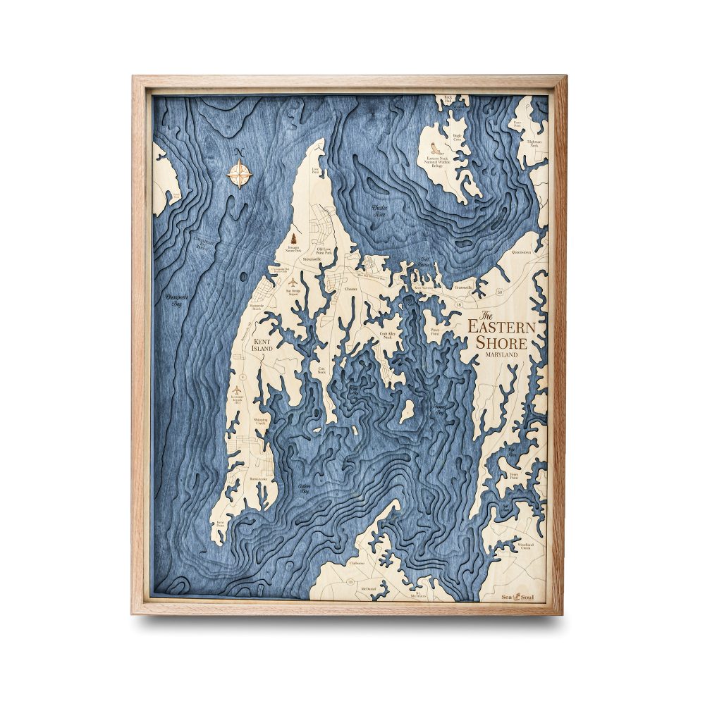 Eastern Shore Nautical Map Wall Art Oak Accent with Deep Blue Water