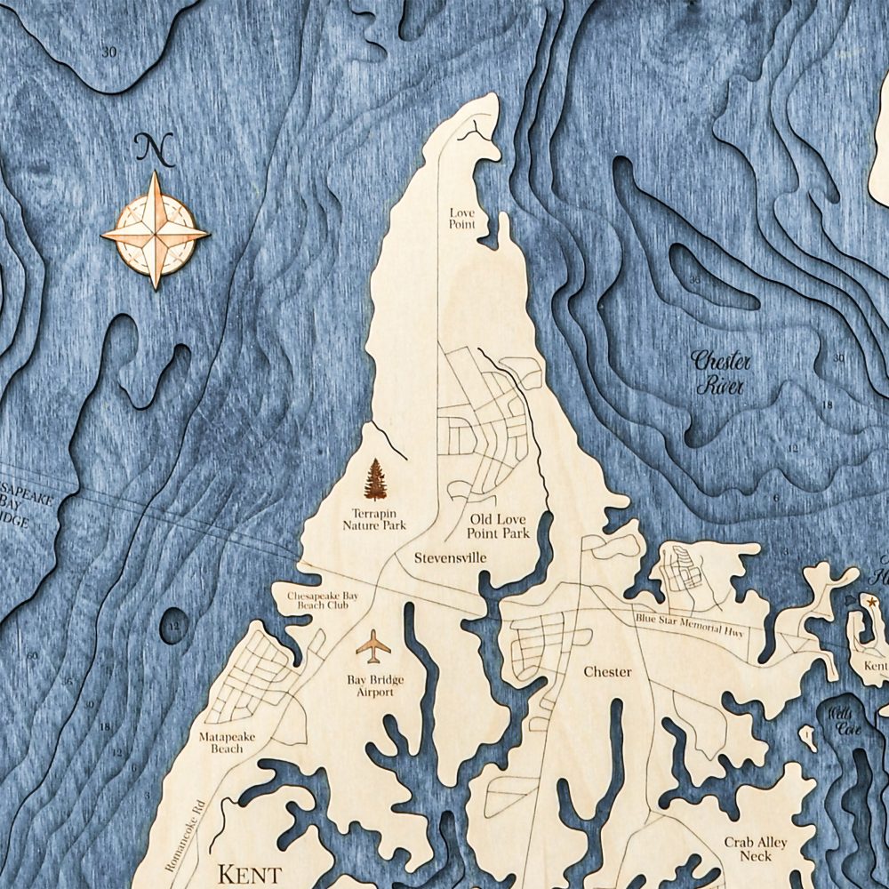 Eastern Shore Nautical Map Wall Art Oak Accent with Deep Blue Water Detail Shot 1