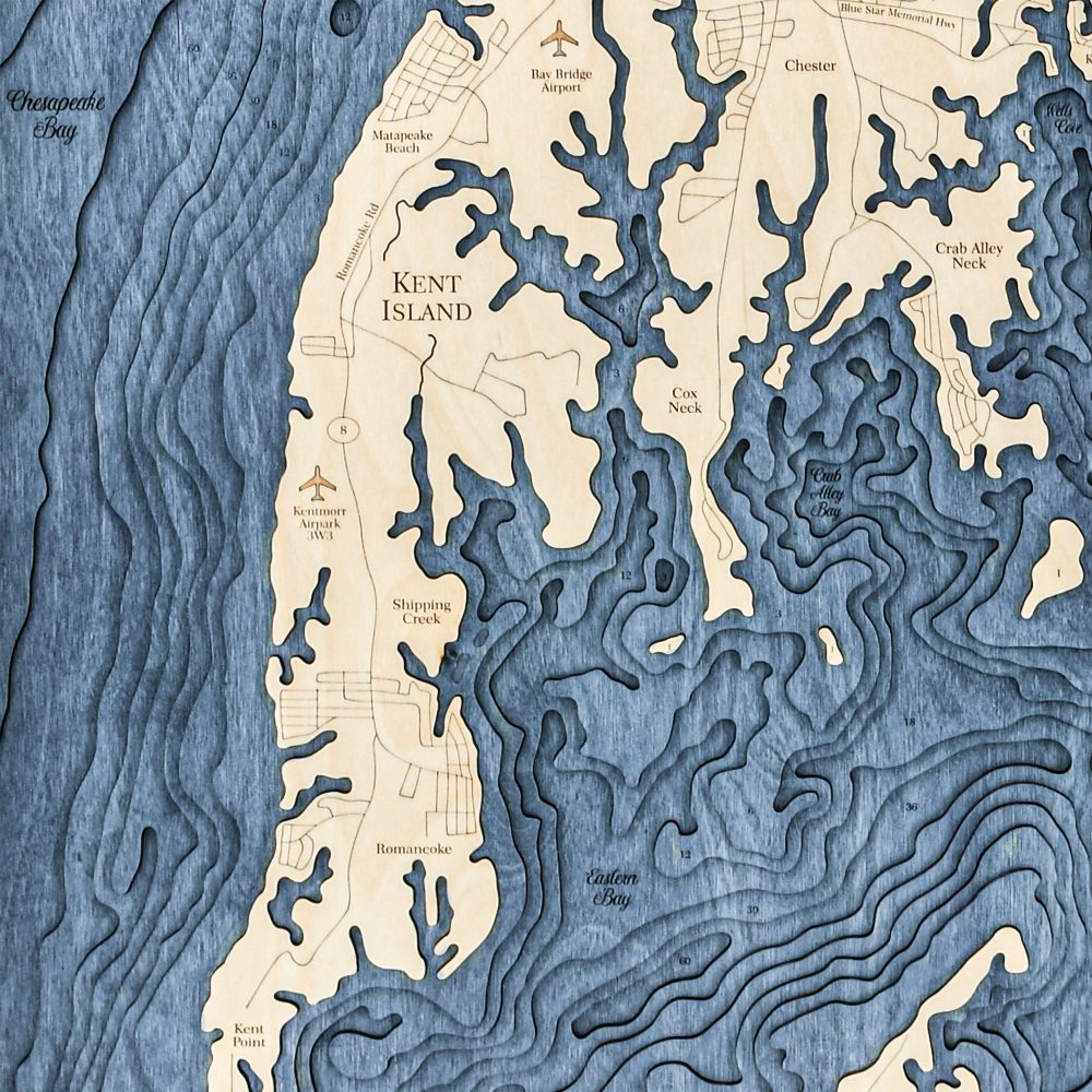 Eastern Shore Nautical Map Wall Art Oak Accent with Deep Blue Water Detail Shot 2