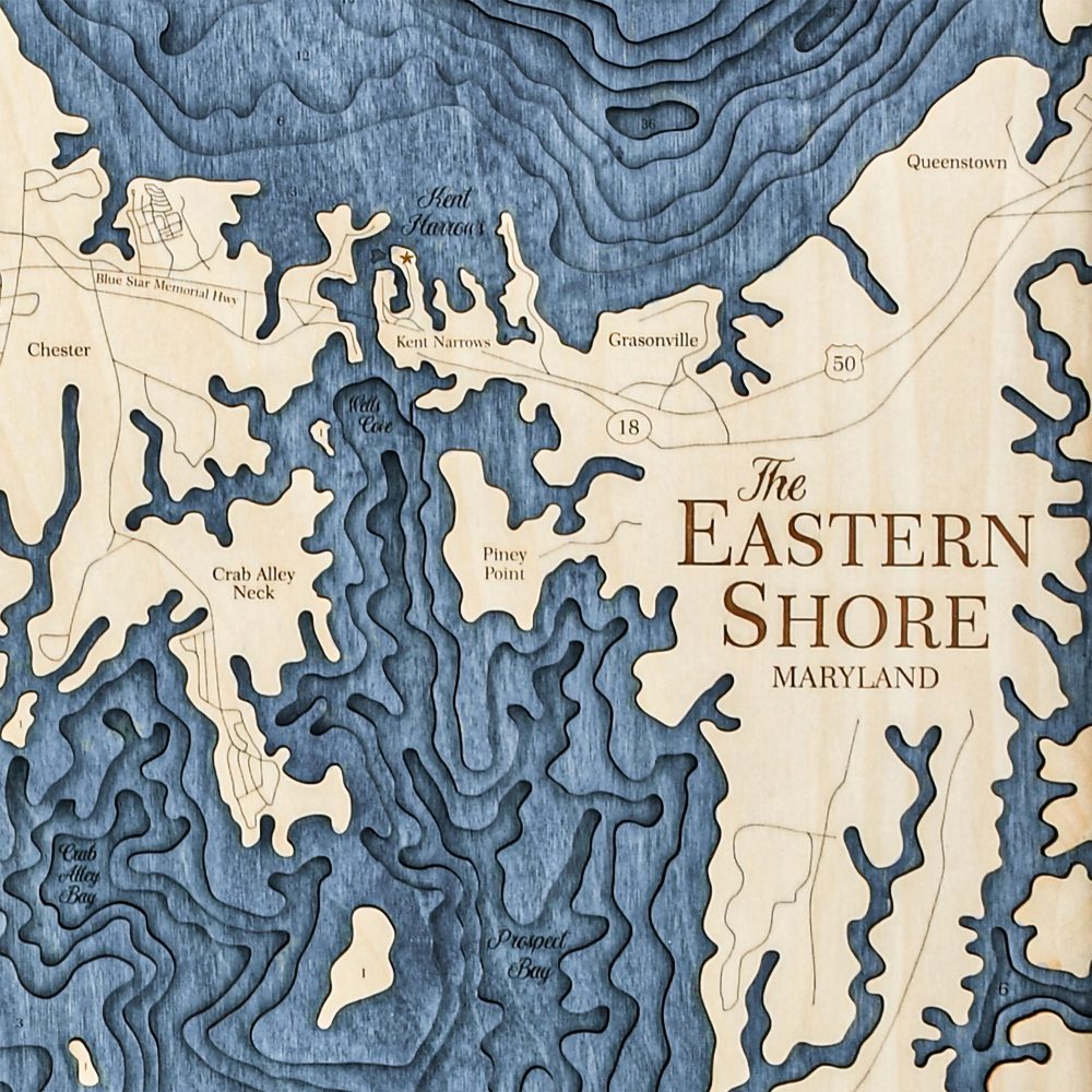 Eastern Shore Nautical Map Wall Art Oak Accent with Deep Blue Water Detail Shot 3