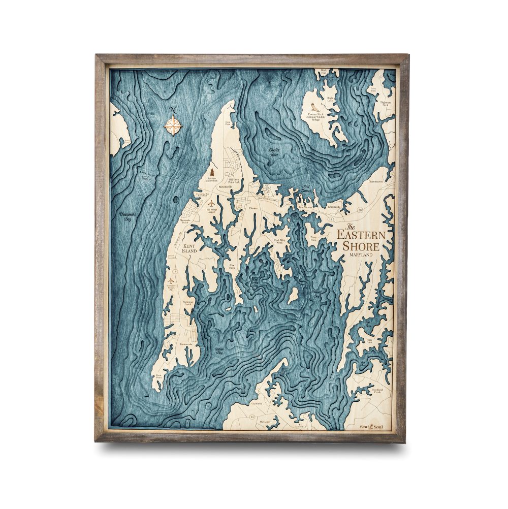 Eastern Shore Nautical Map Wall Art Rustic Pine Accent with Blue Green Water