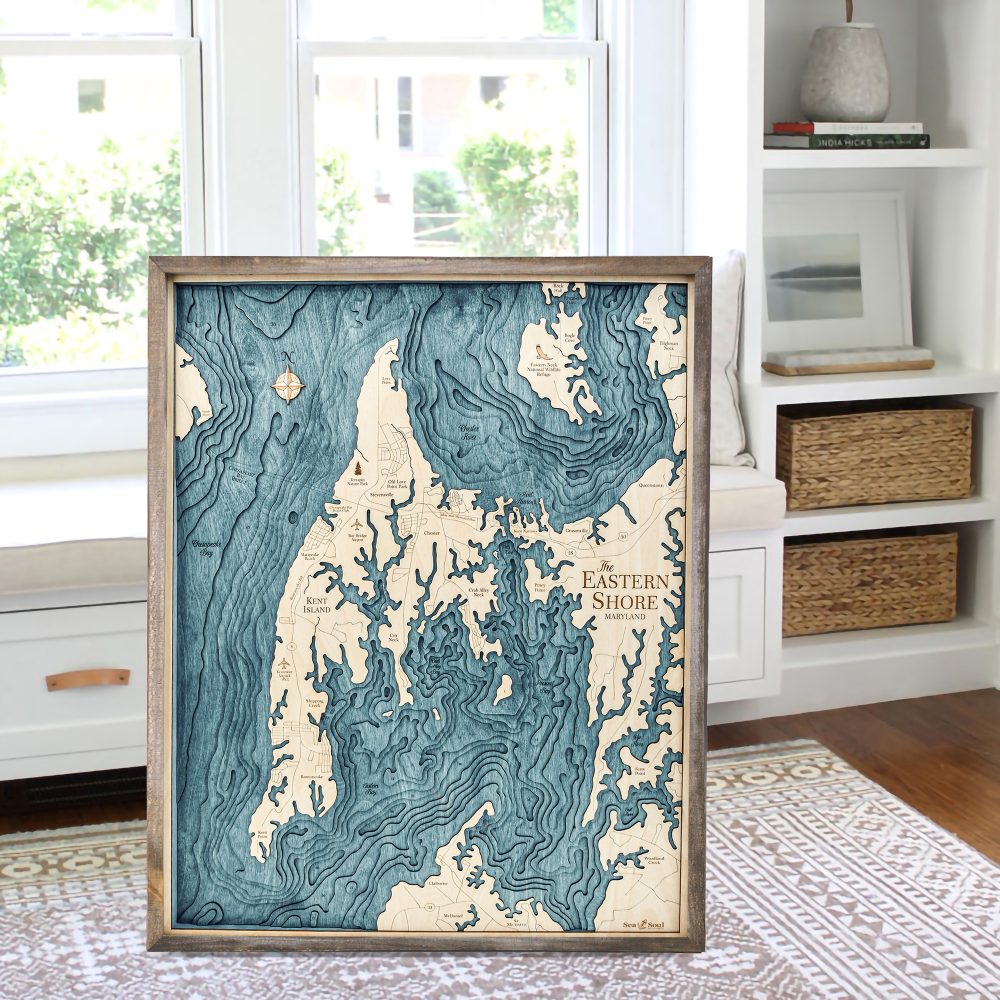 Eastern Shore Nautical Map Wall Art Rustic Pine Accent with Blue Green Water Sitting by Window