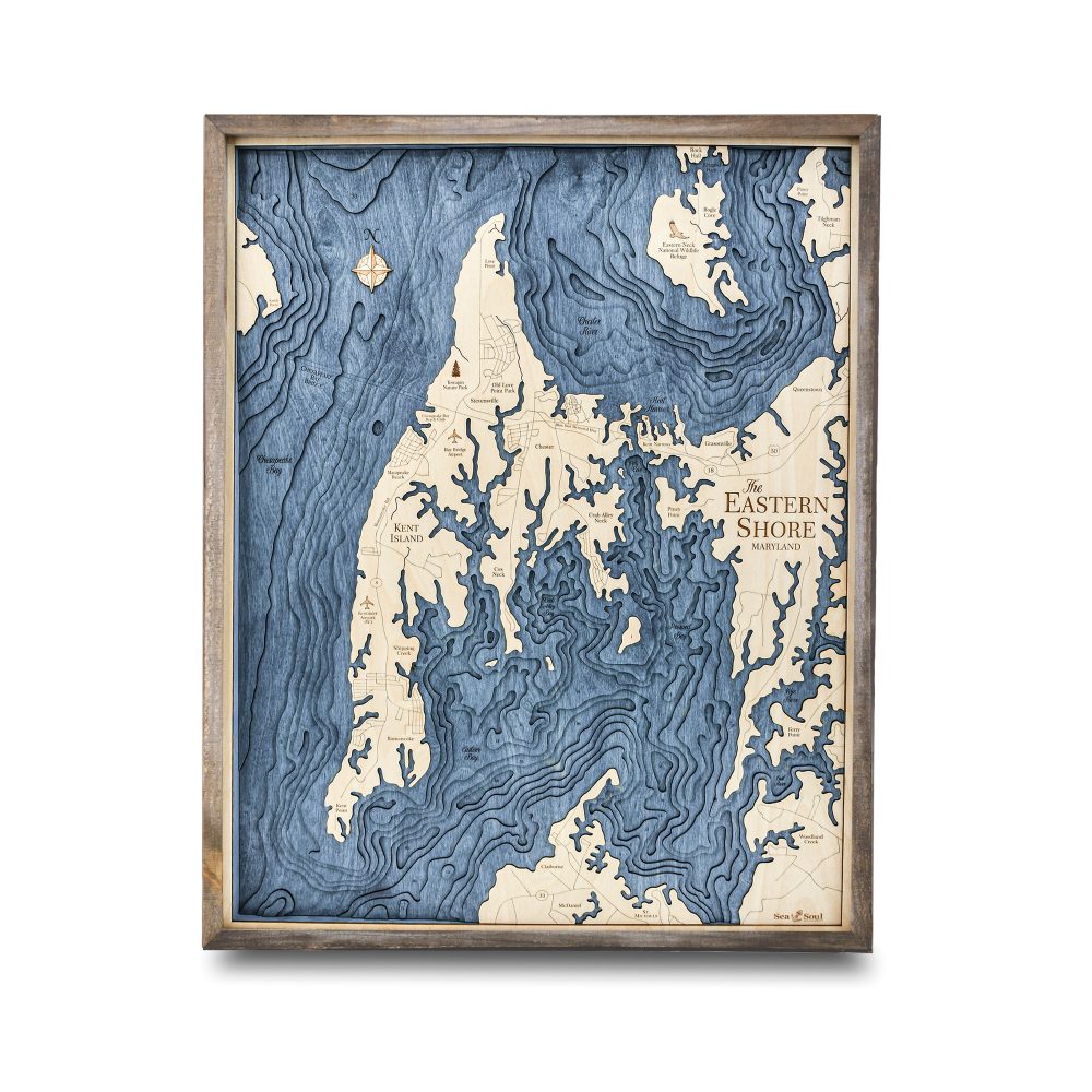 Eastern Shore Nautical Map Wall Art Rustic Pine Accent with Deep Blue Water