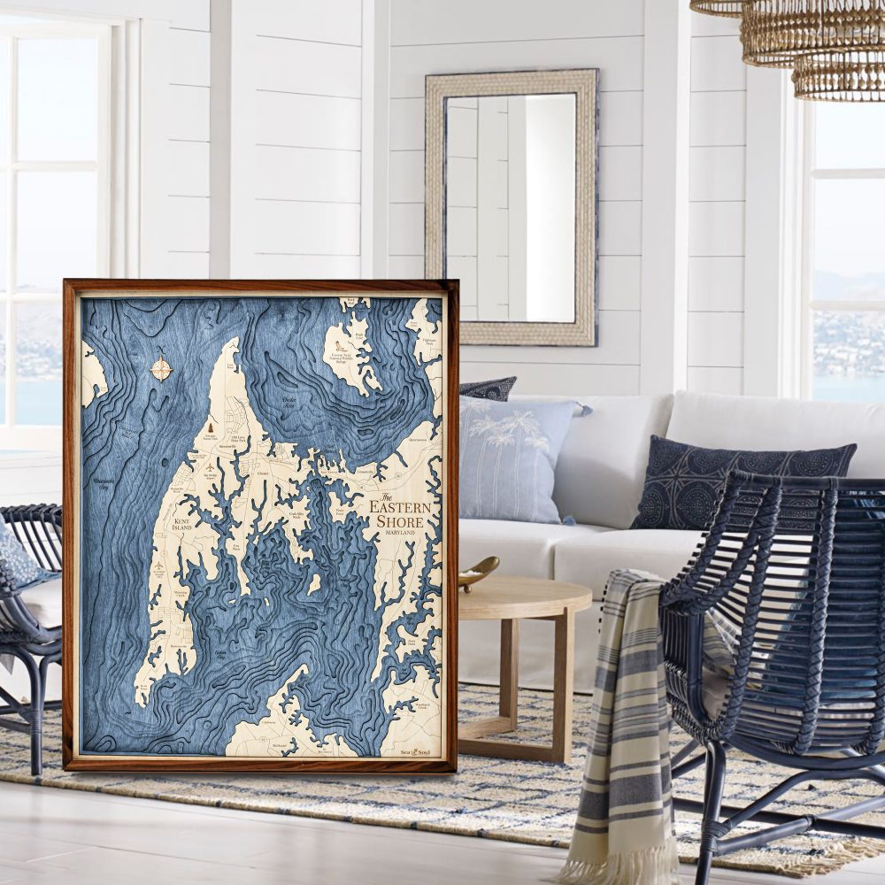 Eastern Shore Nautical Map Wall Art Walnut Accent with Deep Blue Water Sitting in Living Room by Coffee Table and Chair