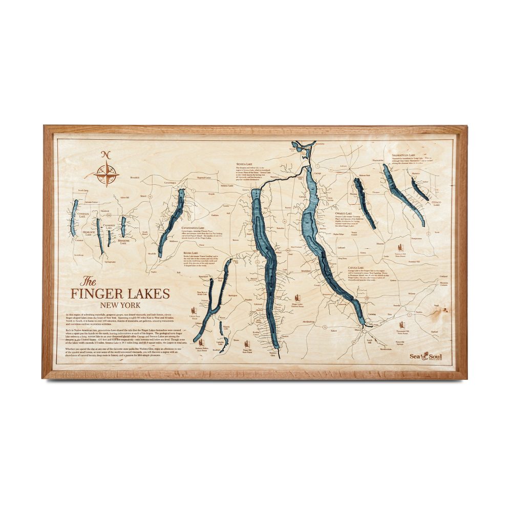 Finger Lakes Nautical Map Wall Art Cherry Accent with Blue Green Water