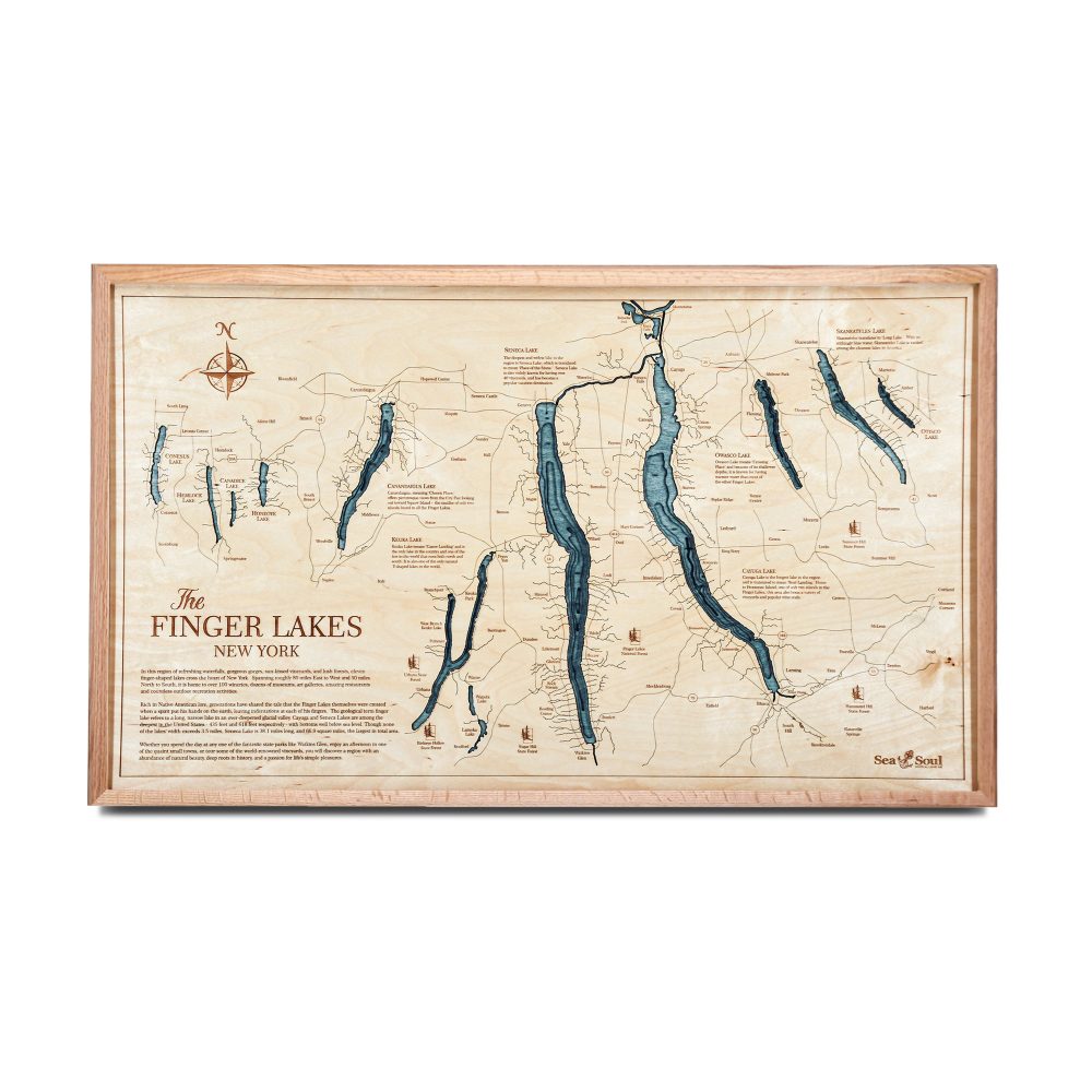 Finger Lakes Nautical Map Wall Art Oak Accent with Blue Green Water