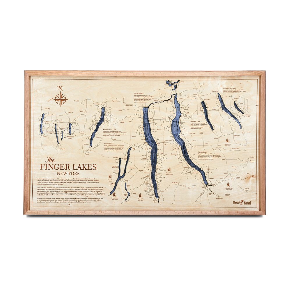 Finger Lakes Nautical Map Wall Art Oak Accent with Deep Blue Water