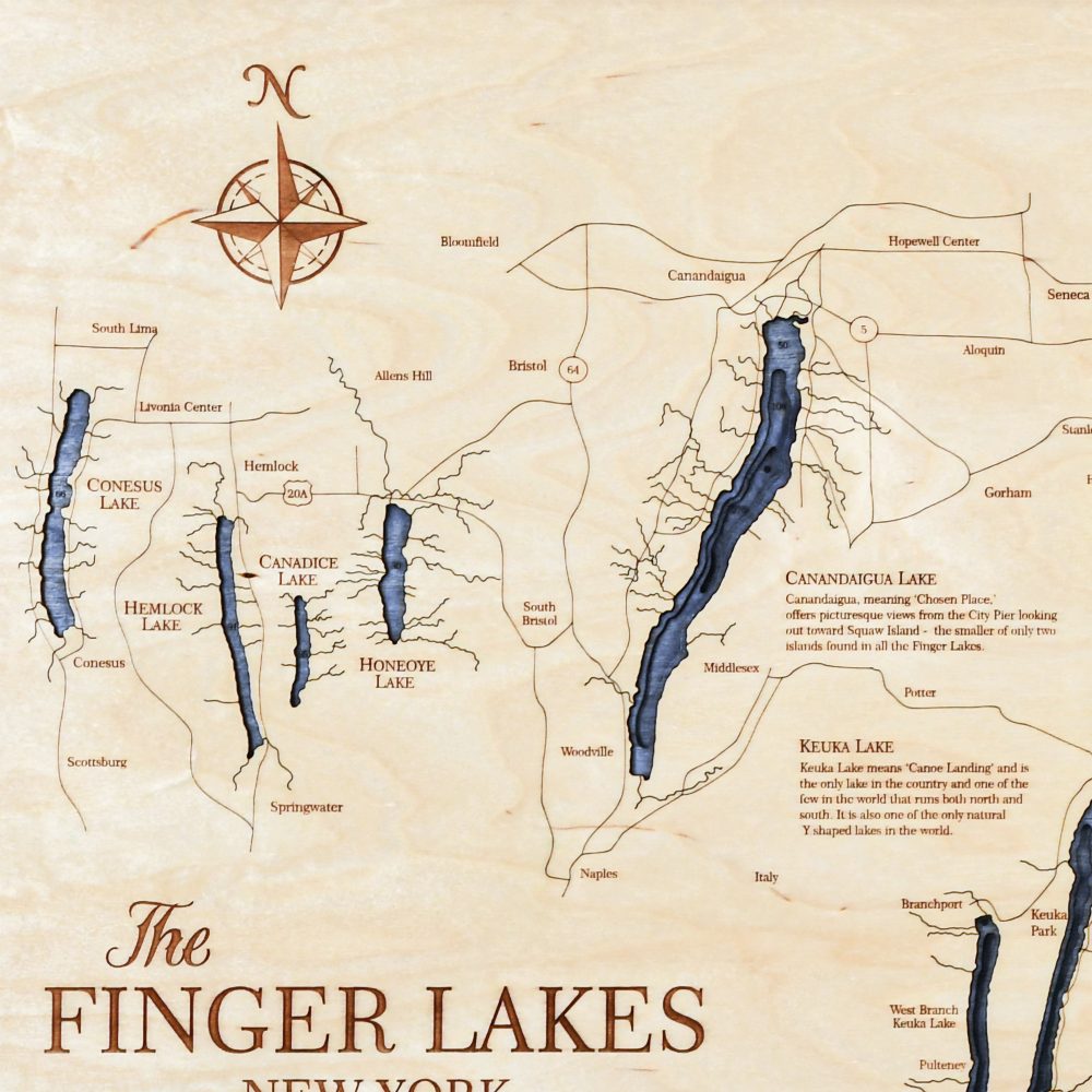 Finger Lakes Nautical Map Wall Art Oak Accent with Deep Blue Water Detail Shot 1