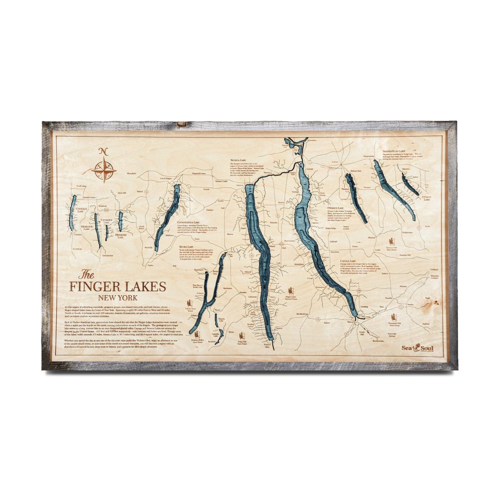 Finger Lakes Nautical Map Wall Art Rustic Pine Accent with Blue Green Water