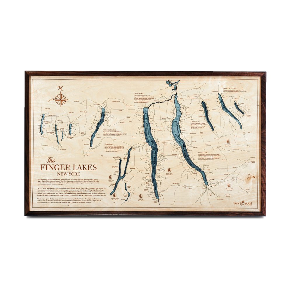Finger Lakes Nautical Map Wall Art Walnut Accent with Blue Green Water