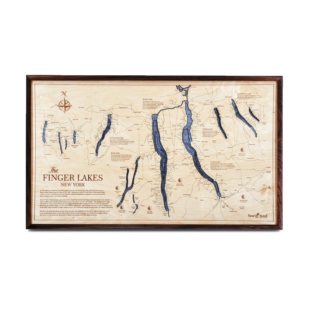 Finger Lakes Nautical Map Wall Art Walnut Accent with Deep Blue Water