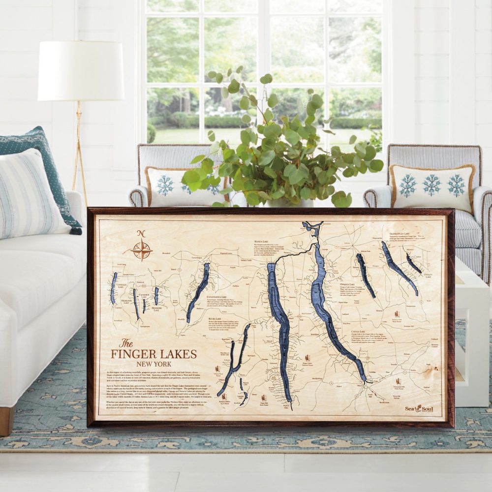 Finger Lakes Nautical Map Wall Art Walnut Accent with Deep Blue Water Sitting in Living Room by Coffee Table and Couch