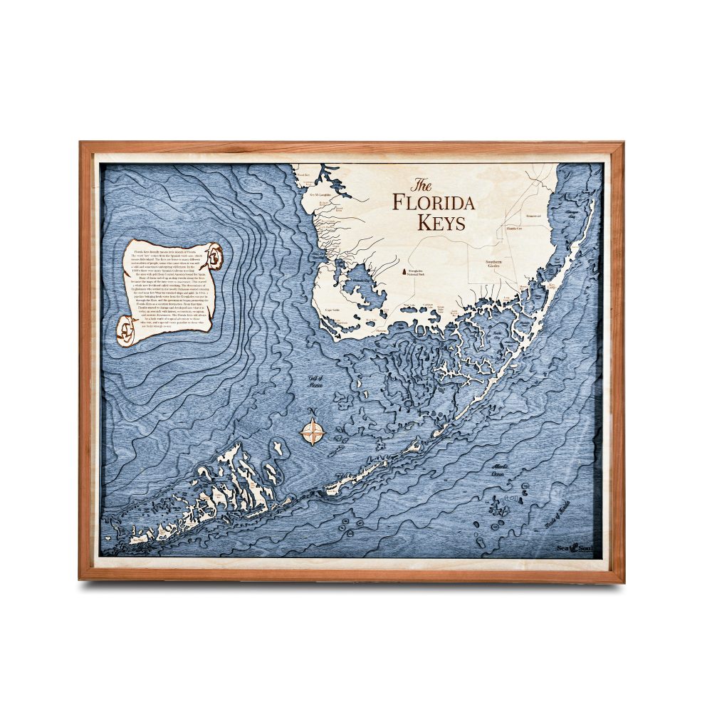 Florida Keys Nautical Map Wall Art Cherry Accent with Deep Blue Water