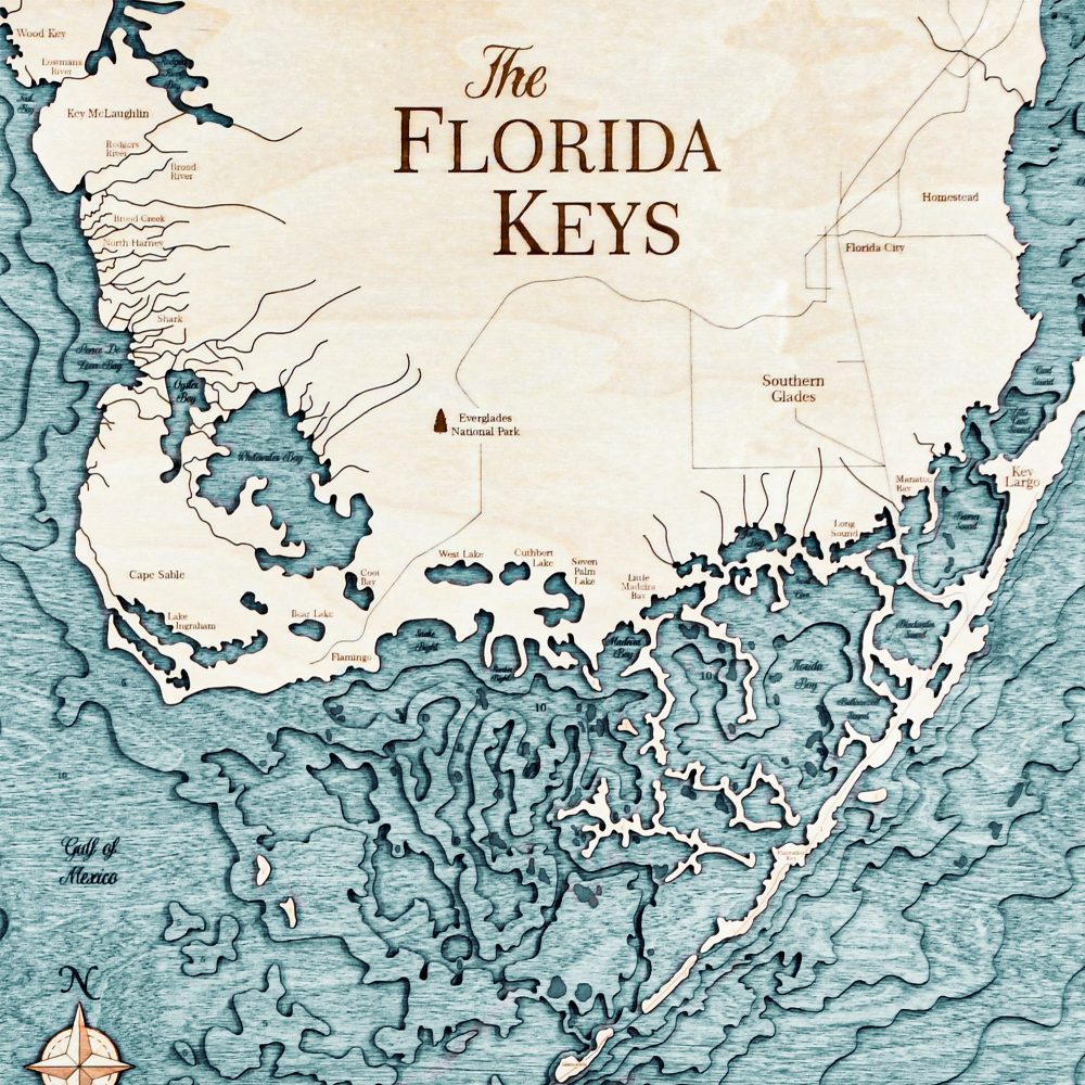 Florida Keys Nautical Map Wall Art Oak Accent with Blue Green Water Detail Shot 2