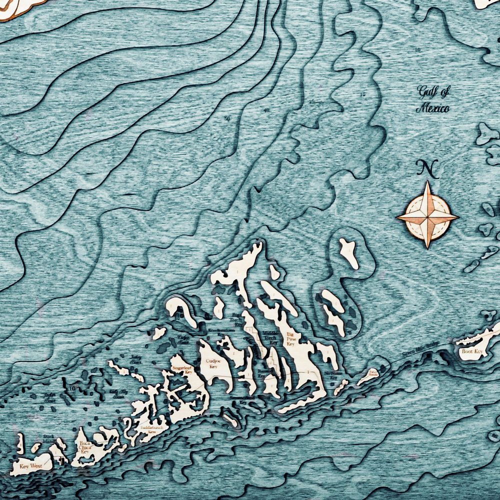 Florida Keys Nautical Map Wall Art Oak Accent with Blue Green Water Detail Shot 3