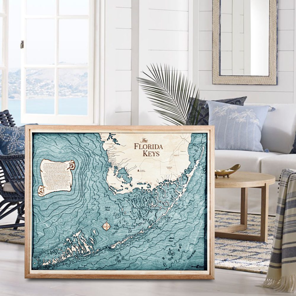 Florida Keys Nautical Map Wall Art Oak Accent with Blue Green Water Sitting in Living Room by Coffee Table