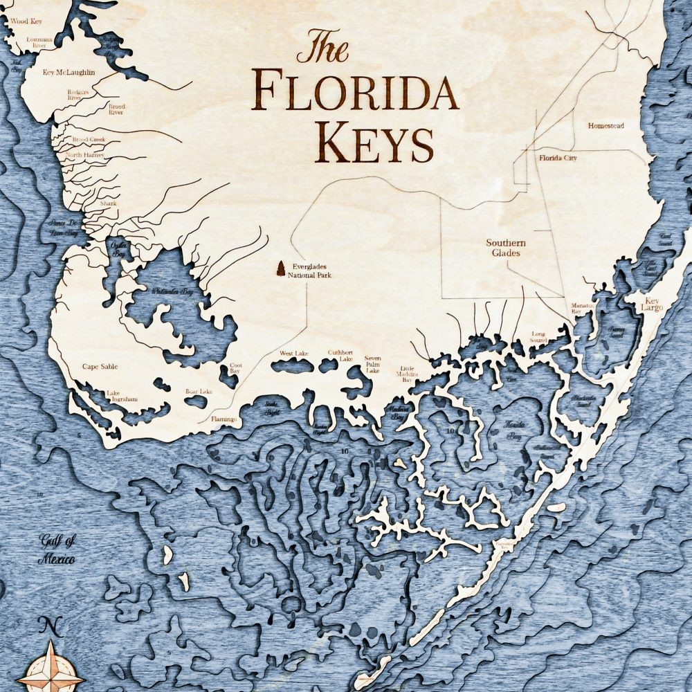 Florida Keys Nautical Map Wall Art Oak Accent with Deep Blue Water Detail Shot 2