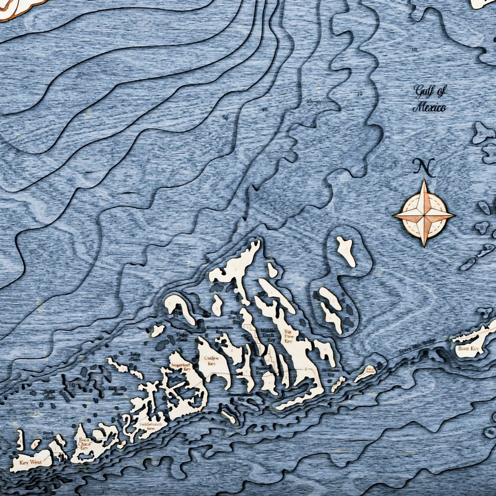 Florida Keys Nautical Map Wall Art Oak Accent with Deep Blue Water Detail Shot 3