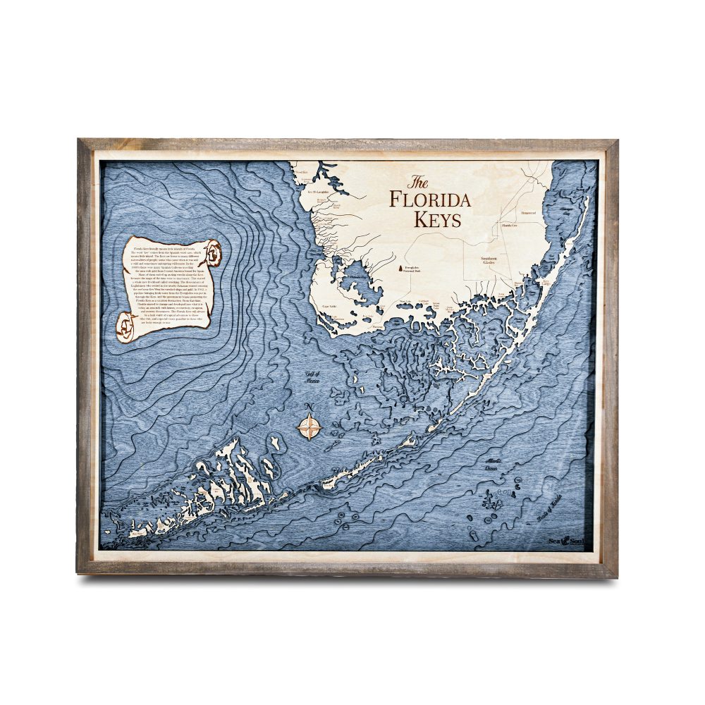 Florida Keys Nautical Map Wall Art Rustic Pine Accent with Deep Blue Water