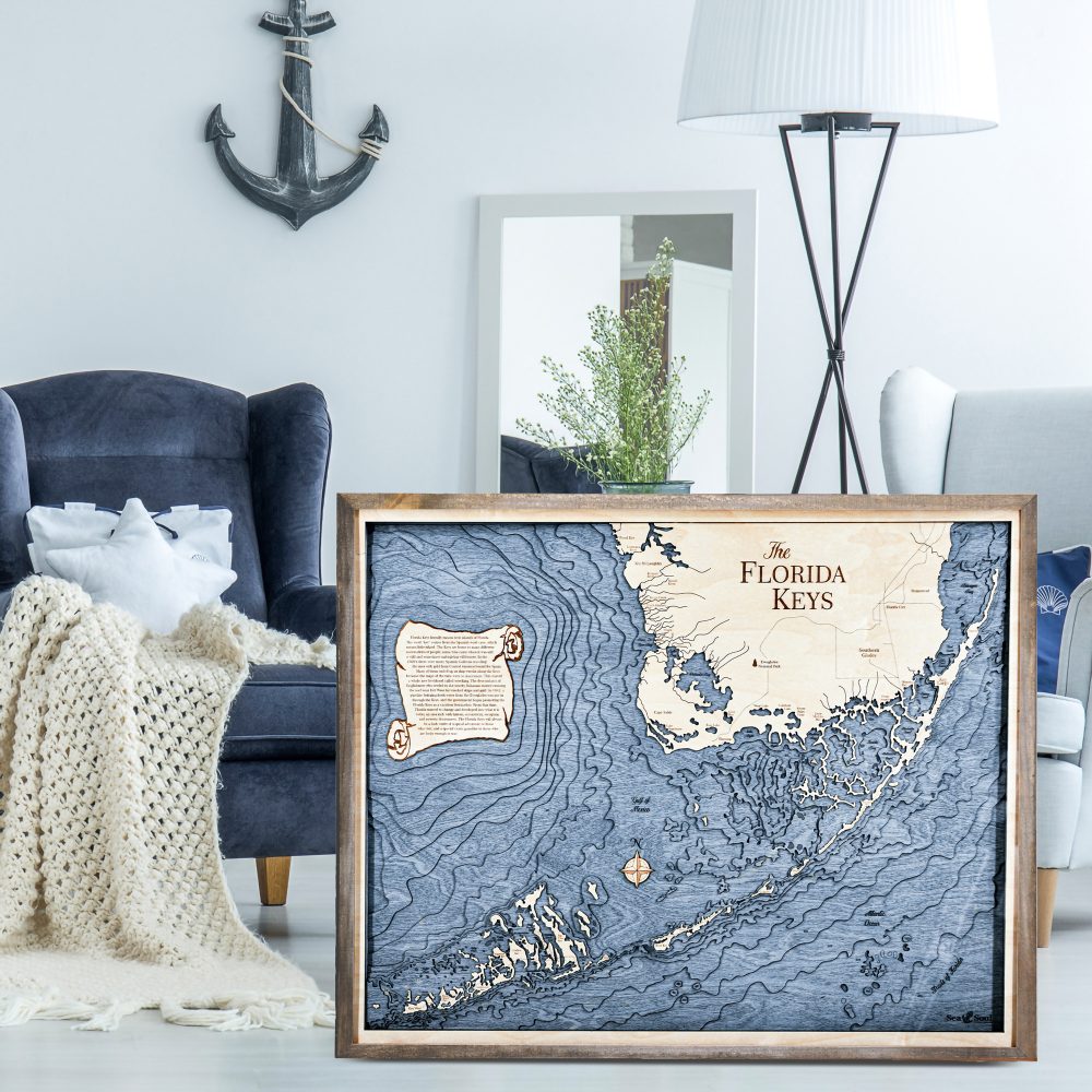 Florida Keys Nautical Map Wall Art Rustic Pine Accent with Deep Blue Water Sitting in Living Room by Armchairs