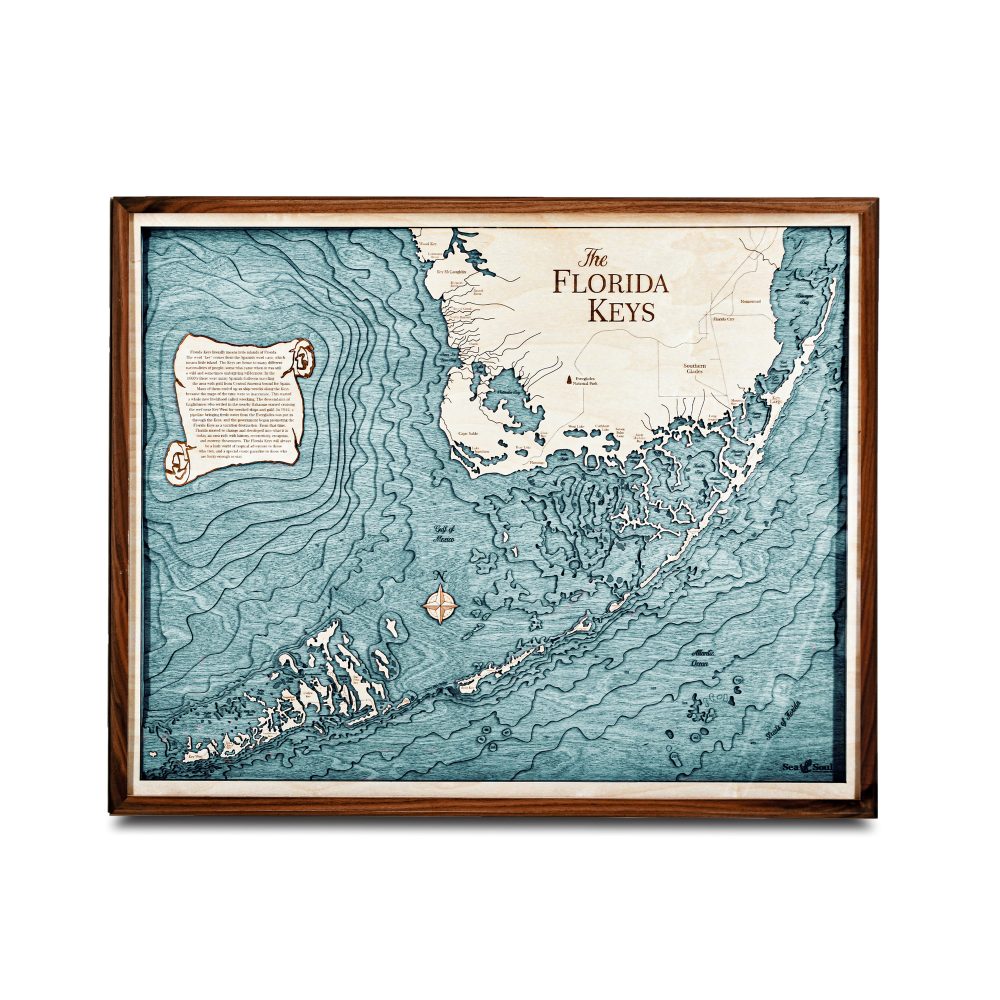 Florida Keys Nautical Map Wall Art Walnut Accent with Blue Green Water
