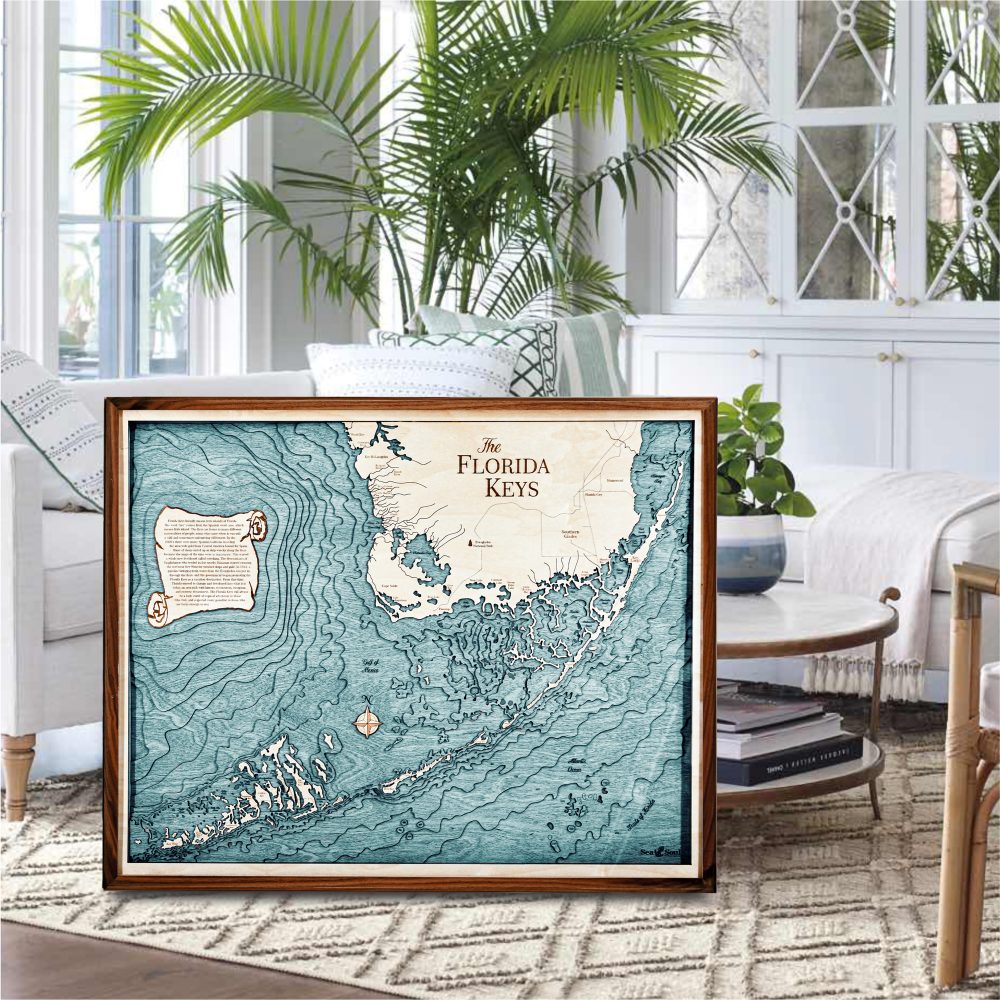 Florida Keys Nautical Map Wall Art Walnut Accent with Blue Green Water Sitting in Living Room by Coffee Table
