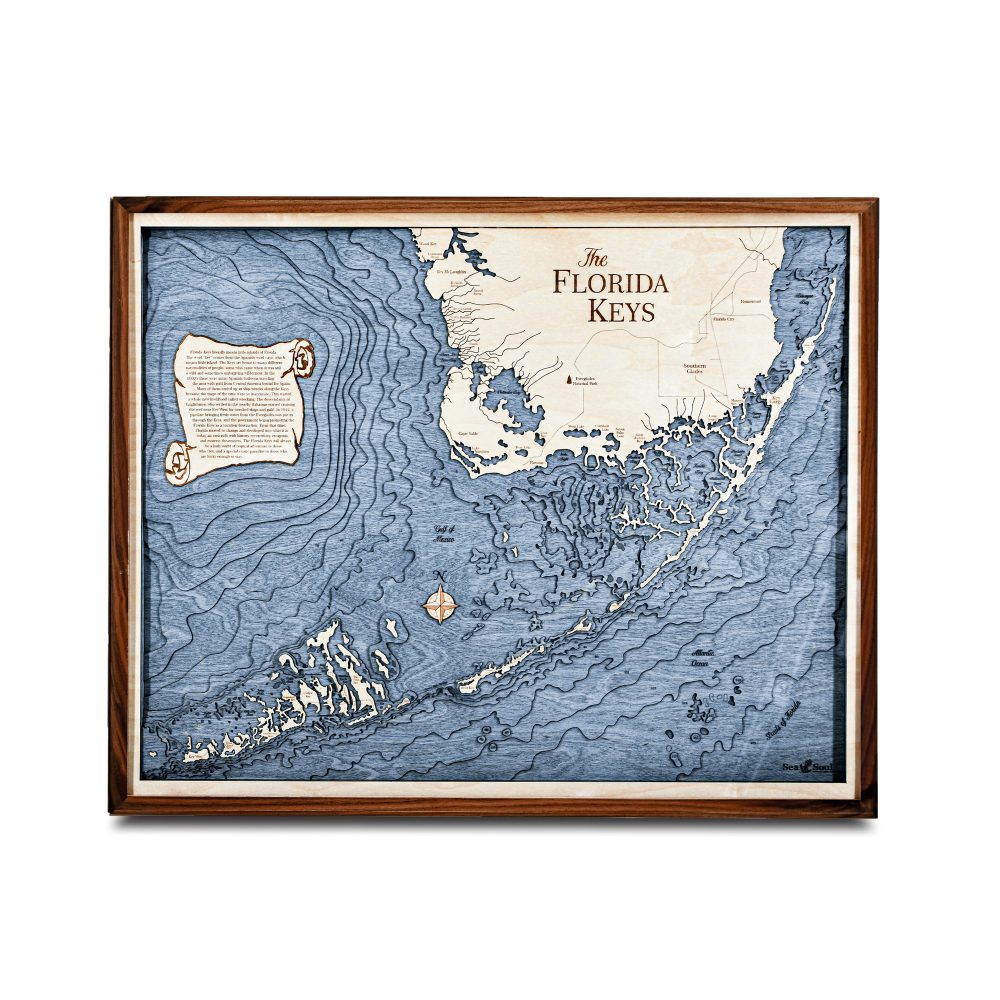 Florida Keys Nautical Map Wall Art Walnut Accent with Deep Blue Water