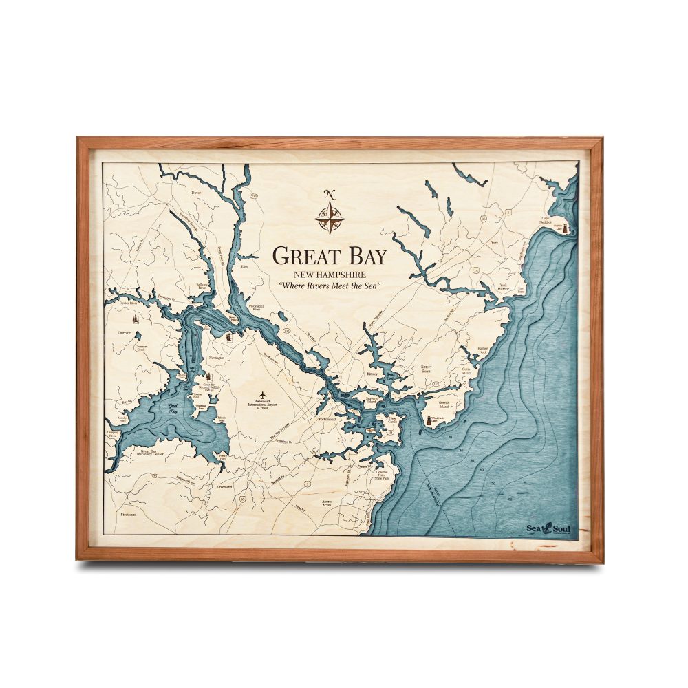 Great Bay Nautical Map Wall Art Cherry Accent with Blue Green Water