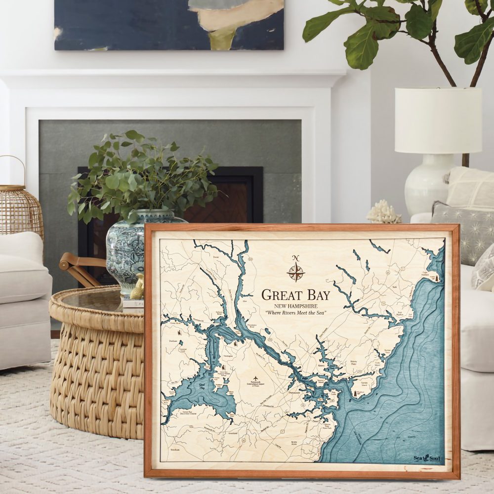 Great Bay Nautical Map Wall Art Cherry Accent with Blue Green Water Sitting in Living Room by Coffee Table